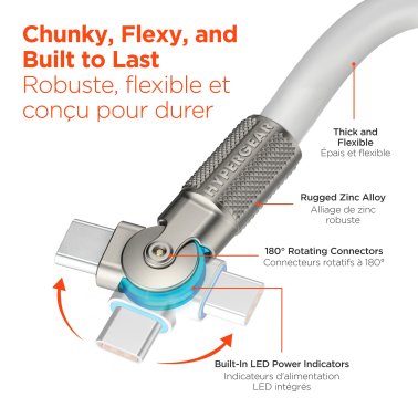 HyperGear | Rugged Cable w/Rotating Connectors USB-C to USB-C Chunky 180W 12FT 360cm - White | 16226