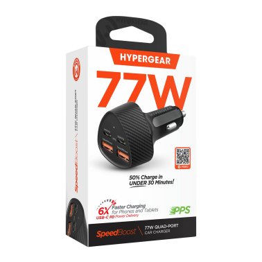 HyperGear | Fast Charge Car Charger SpeedBoost Dual USB-C + Dual USB-A CLA  77W - Black | 16350