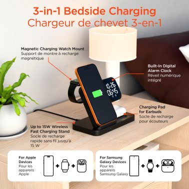 Hypergear |  Foldable Wireless Charging Stand w/Digital Alarm Clock 15W Powerfold 24/7 3in1 - Black | 16498