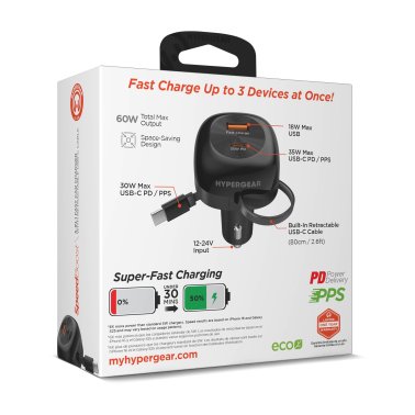 HyperGear | SpeedBoost 30W 3-in-1 Fast Car Charger CLA with Retractable USB-C PD Cable | 16250