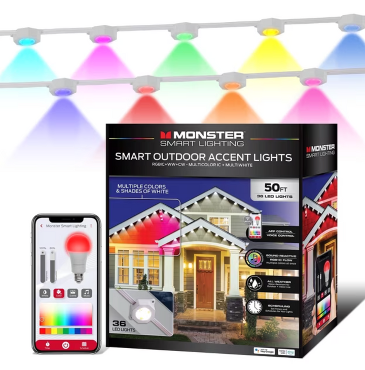 Monster | Smart Permanent Outdoor Lights, 50ft, 36 LED RGBIC+ Multiwhite, All-Weather App & Voice Control Sound-Reactive Customizable Lighting with Scheduling & Timer | MOW7-1015-CAN