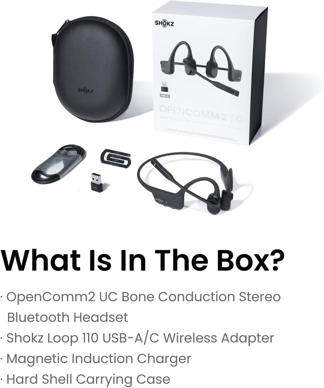Shokz | OpenComm2 2025 UC with USB-A Dongle Bluetooth Stereo Headset Noise Cancelling Boom Mic with Mute Button Bone Conduction - Cosmic Black | C120-AA-BK-CA-326