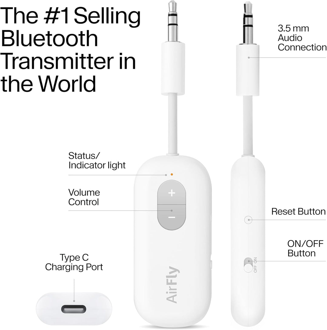 Twelve South | AirFly SE Bluetooth Wireless Audio Transmitter for AirPods/Wireless or Noise-Cancelling Headphones - White | TS-2516