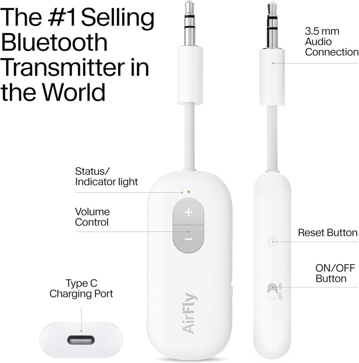 Twelve South | AirFly SE Bluetooth Wireless Audio Transmitter for AirPods/Wireless or Noise-Cancelling Headphones - White | TS-2516
