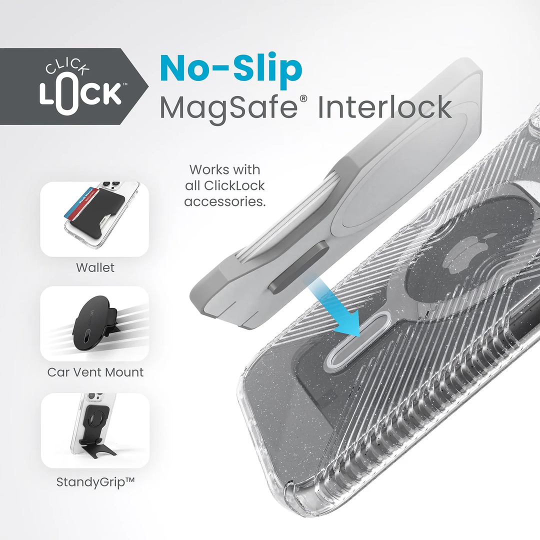 Speck | Presidio Lux Glitter Grip MagSafe with ClickLock Apple iPhone 15 Plus - Clear/Platinum Glitter | 150550-3224