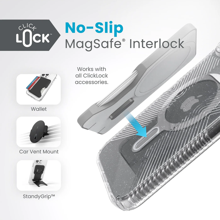 Speck | Presidio Lux Glitter Grip MagSafe with ClickLock Apple iPhone 15 Plus - Clear/Platinum Glitter | 150550-3224