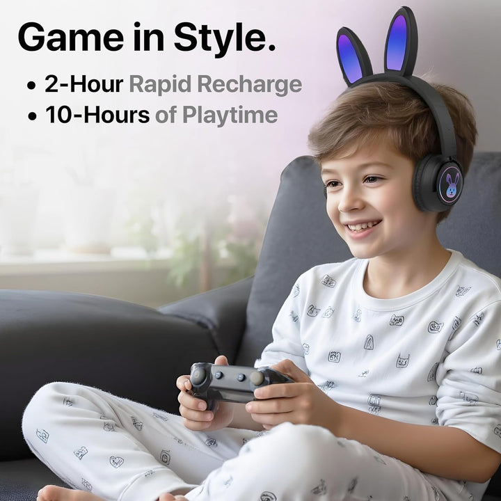 HyperGear | Headphones Bluetooth Bunny Tracks Built in Mic Soft Memory Foam Ear Cushions Foldable Design 10hr Play Time – Black | CUST-DTIPADMINI3-RYL