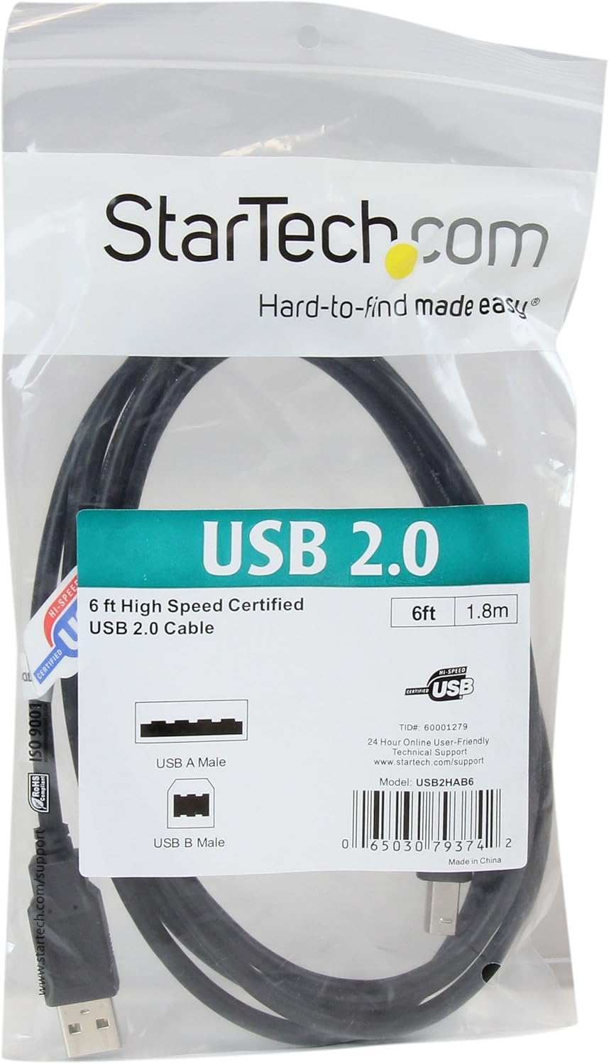 Startech | Cable USB-A to USB -B 2.0 M/M 6FT /1.8m - Black | USB2HAB6