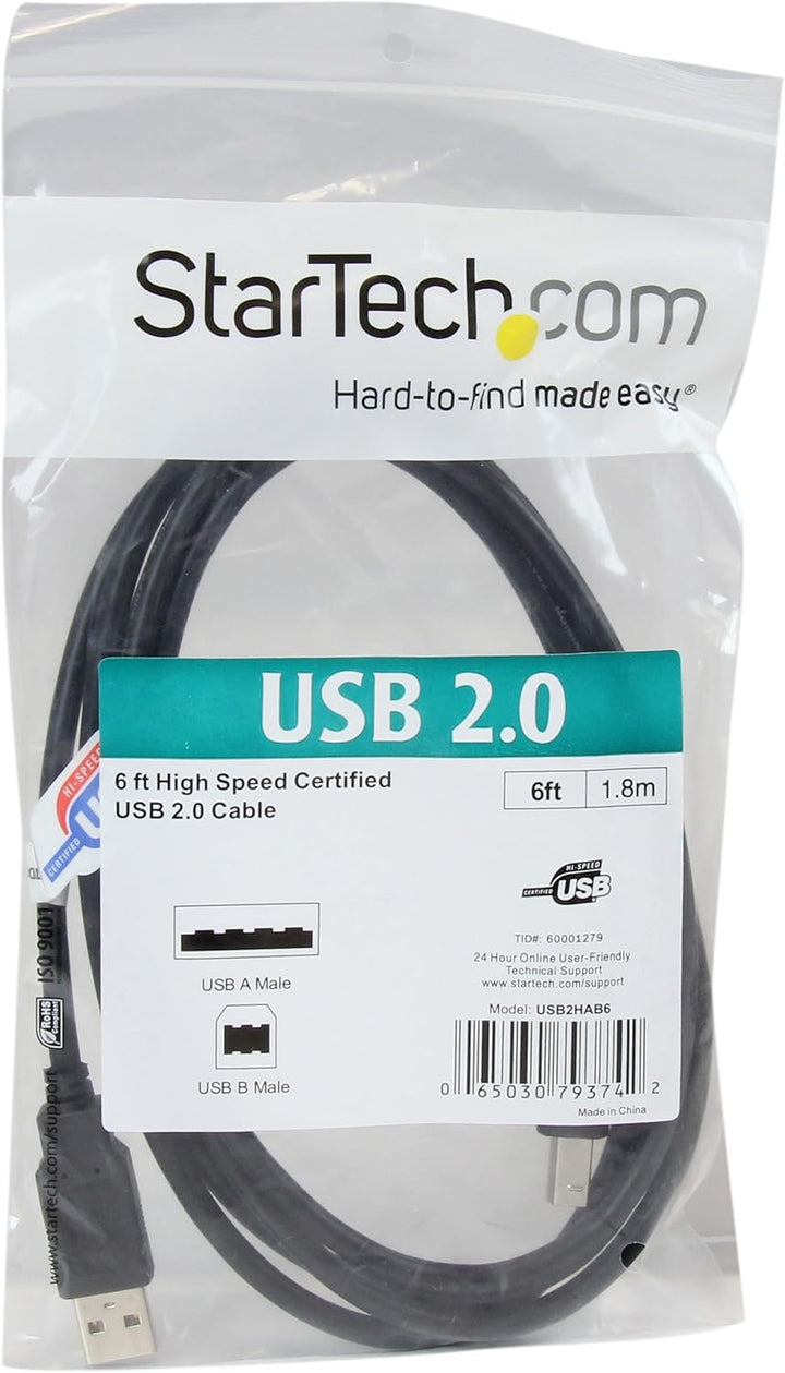 Startech | Cable USB-A to USB -B 2.0 M/M 6FT /1.8m - Black | USB2HAB6