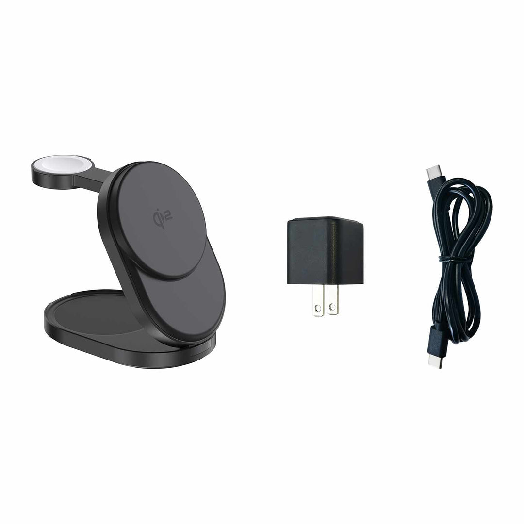 Blu Element | Qi2 3-in-1 Foldable Wireless Charging Stand 15W MagSafe-Compatible - Black | BEWCQi23IN1F PROMO ENDS JAN 3
