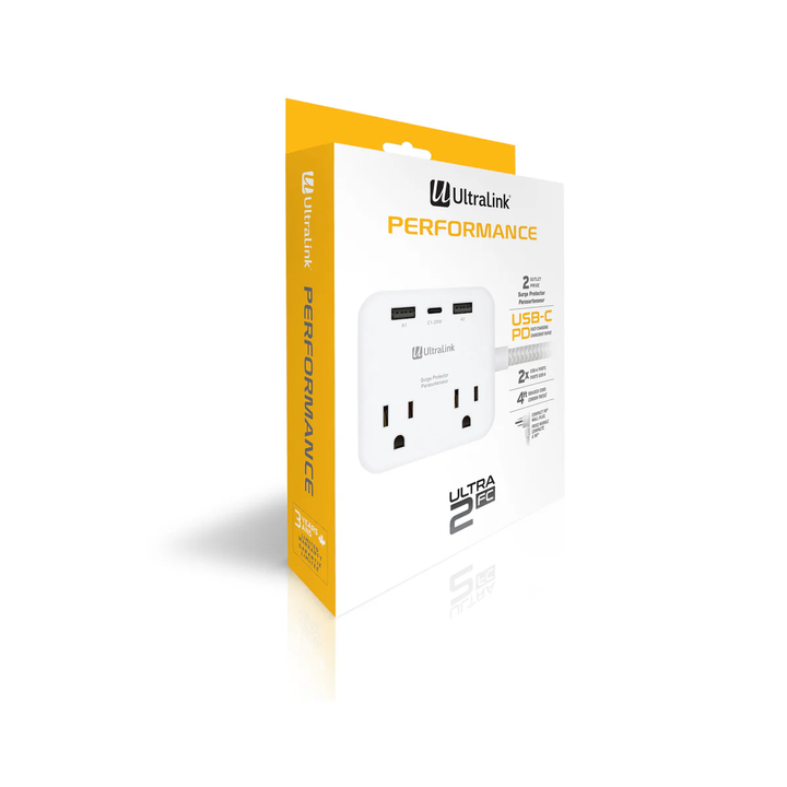 Ultralink | Performance Surge Protector 2 AC Outlet + 3 USB - White | ULPSP2