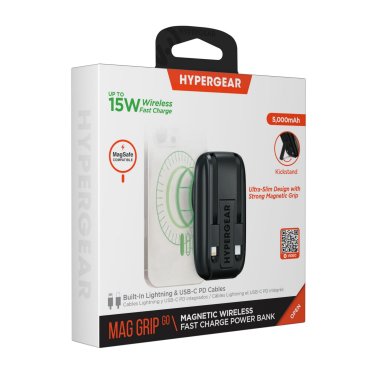HyperGear | Grip Go Wireless Charging Portable Power Bank  5000mAh Mag w/built in Cable - Black LP | 16251