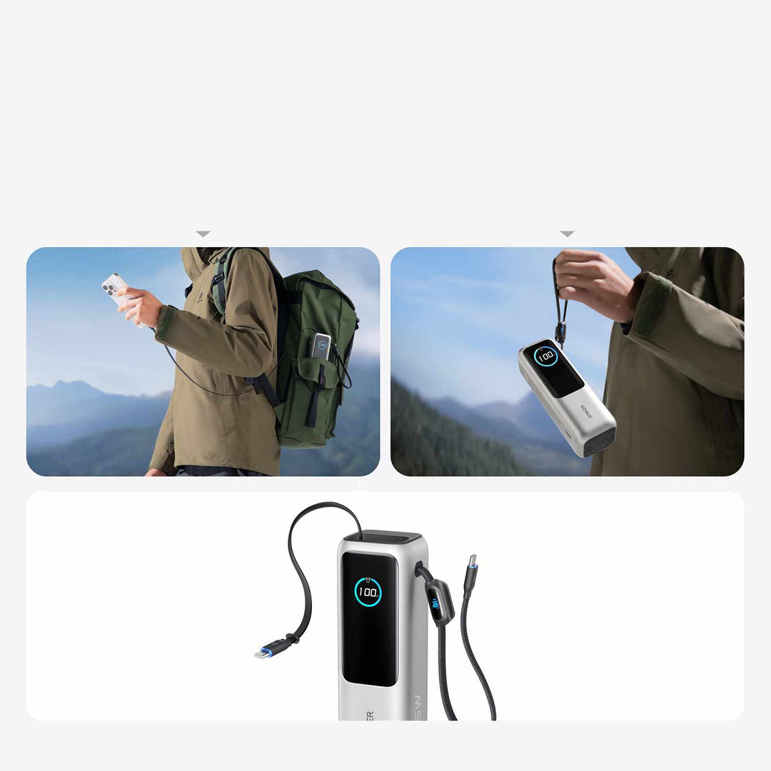 Anker | 25000 mAh Power Bank 165W with Built-In USB-C and Retractable Cable - Silver | A1695H415