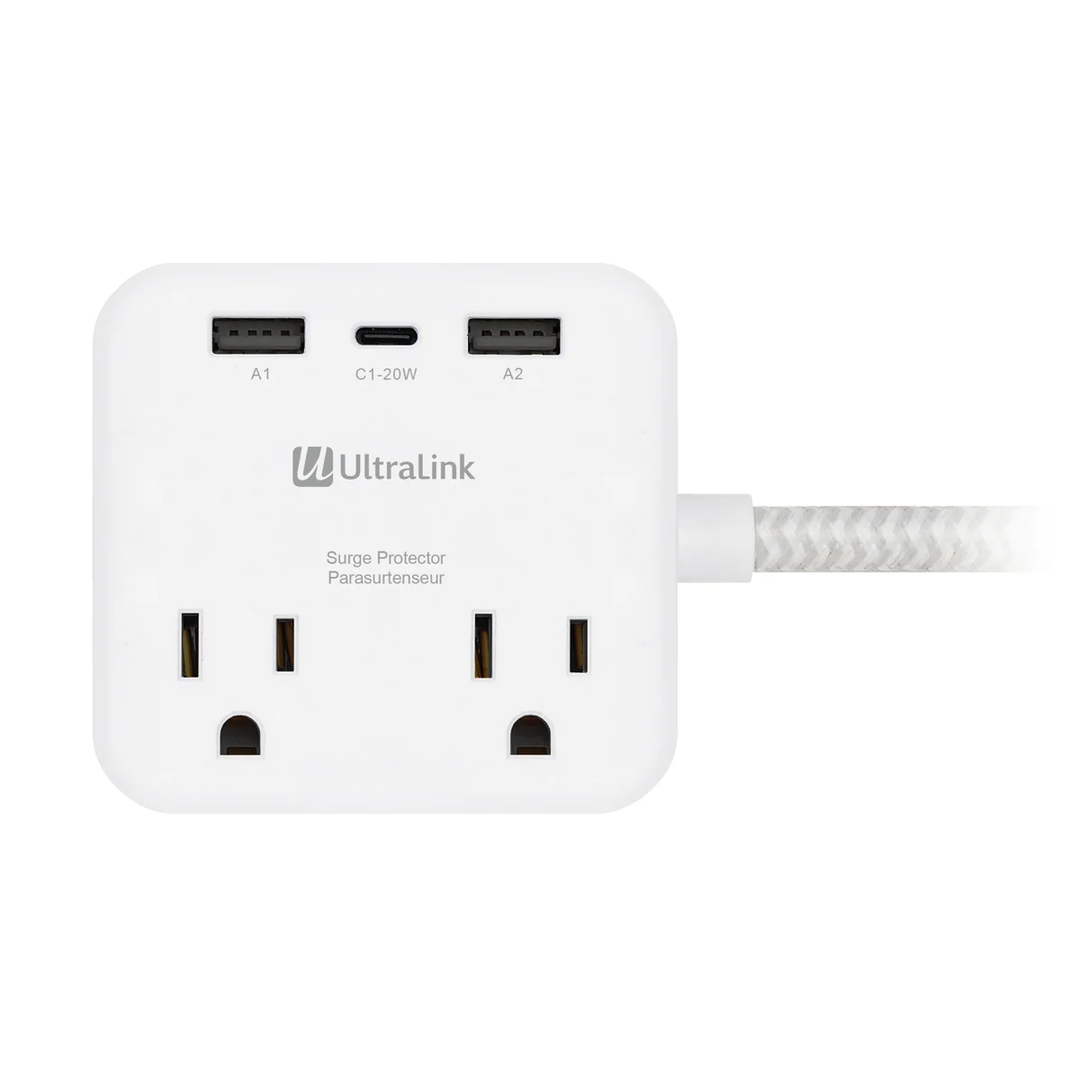 Ultralink | Performance Surge Protector 2 AC Outlet + 3 USB - White | ULPSP2