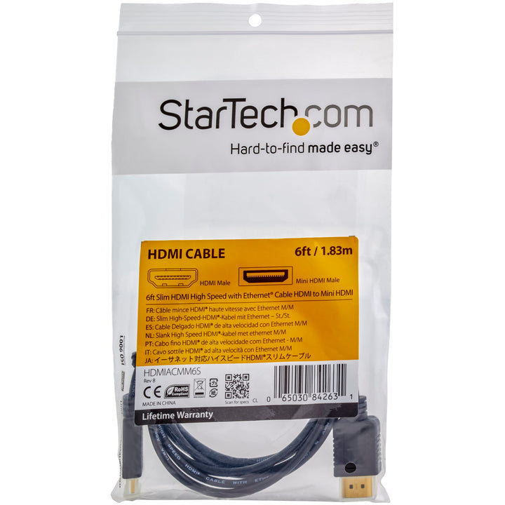 Startech | Cable with Ethernet Mini HDMI to HDMI 6FT / 1.8m - Black | HDMIACMM6S