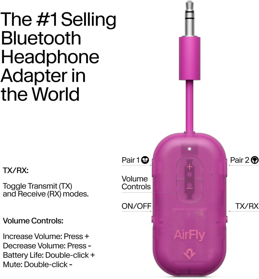 Twelve South | AirFly Pro 2 Bluetooth Adapter for Airplane Pair - Translucent Fuchsia | TS-2614