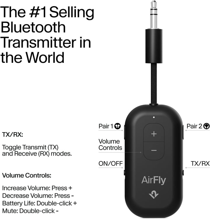 Twelve South | AirFly Pro 2 Bluetooth Adapter for Airplane Pair 2 AirPods or Wireless Headphones - Black | TS-12-2511