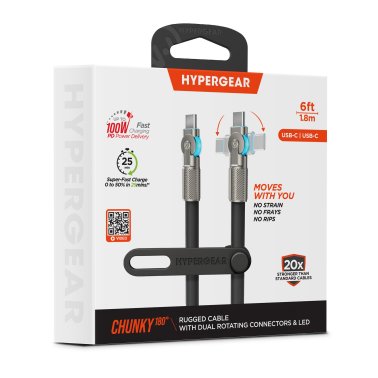 HyperGear | Rugged Cable w/Rotating Connectors USB-C to USB-C Chunky 180 6FT 180cm 100W - Black | 16223