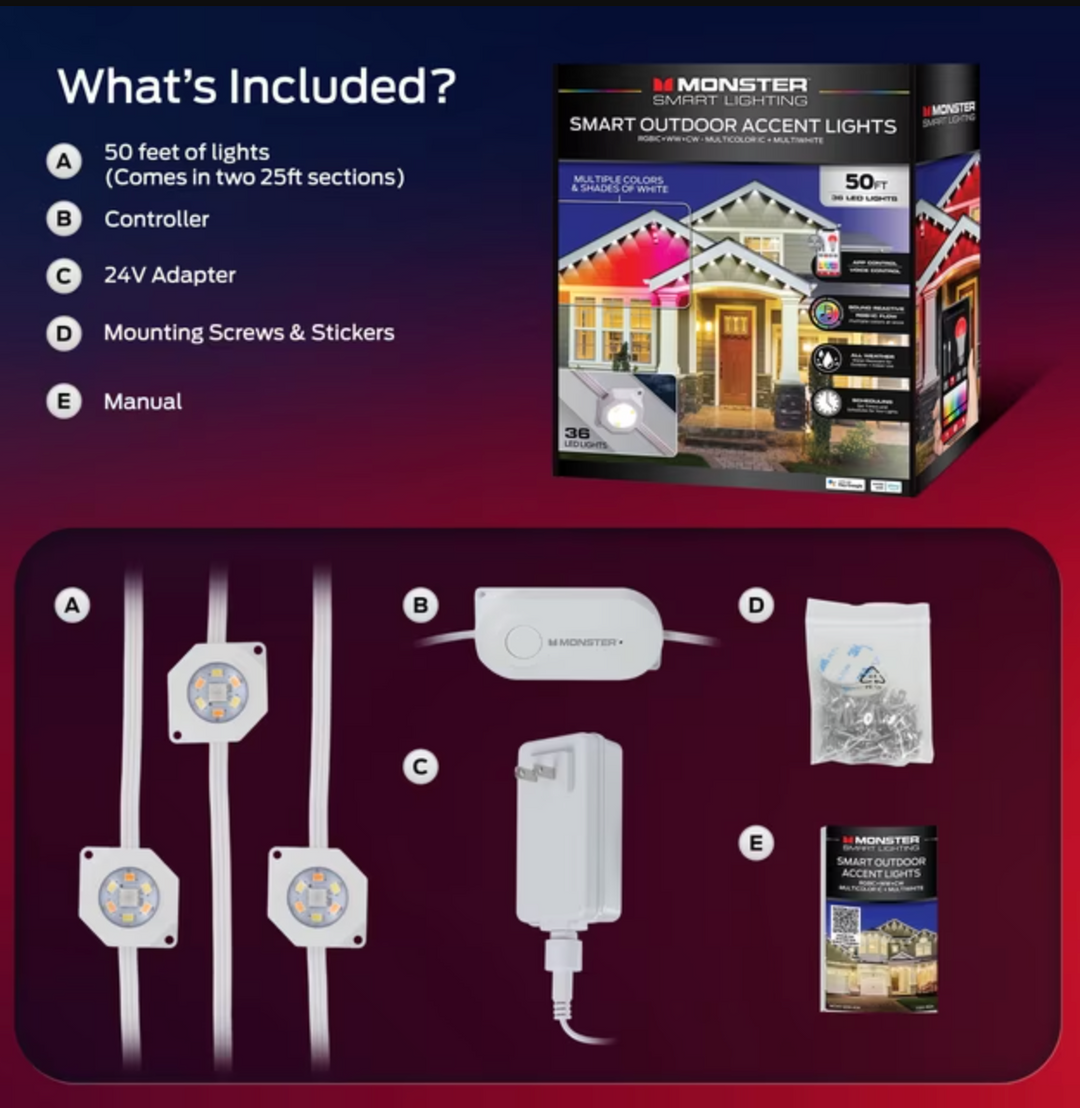 Monster | Smart Permanent Outdoor Lights, 50ft, 36 LED RGBIC+ Multiwhite, All-Weather App & Voice Control Sound-Reactive Customizable Lighting with Scheduling & Timer | MOW7-1015-CAN