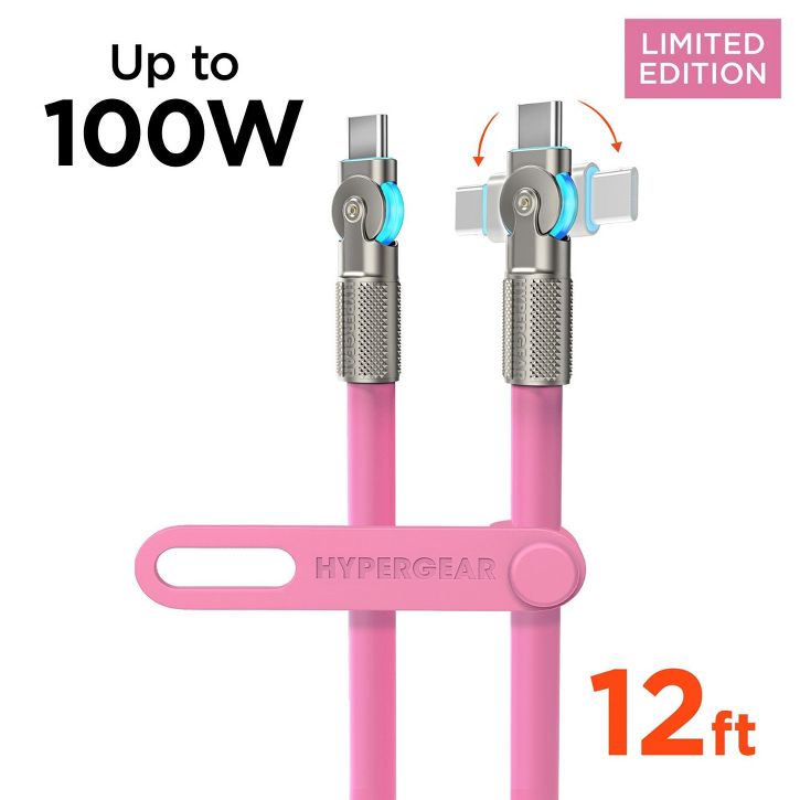 HyperGear | Rugged Cable w/Rotating Connectors USB-C to USB-C Chunky 180  12 ft. 360cm 100W - Pink |  16343