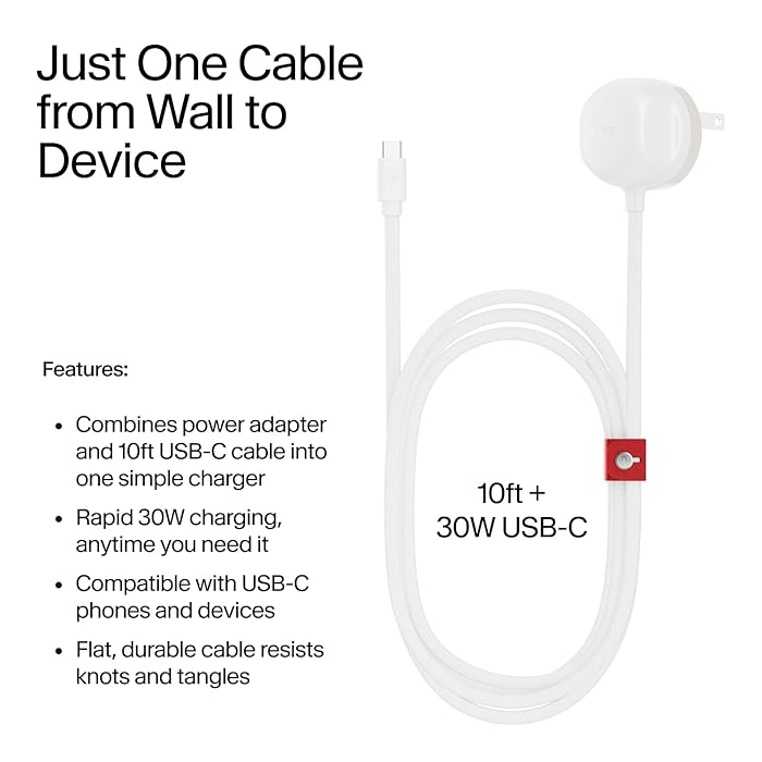 Twelve South | Power Cord Wall Adapter with Built-In Cable 10FT- White/Dune | TS-2549