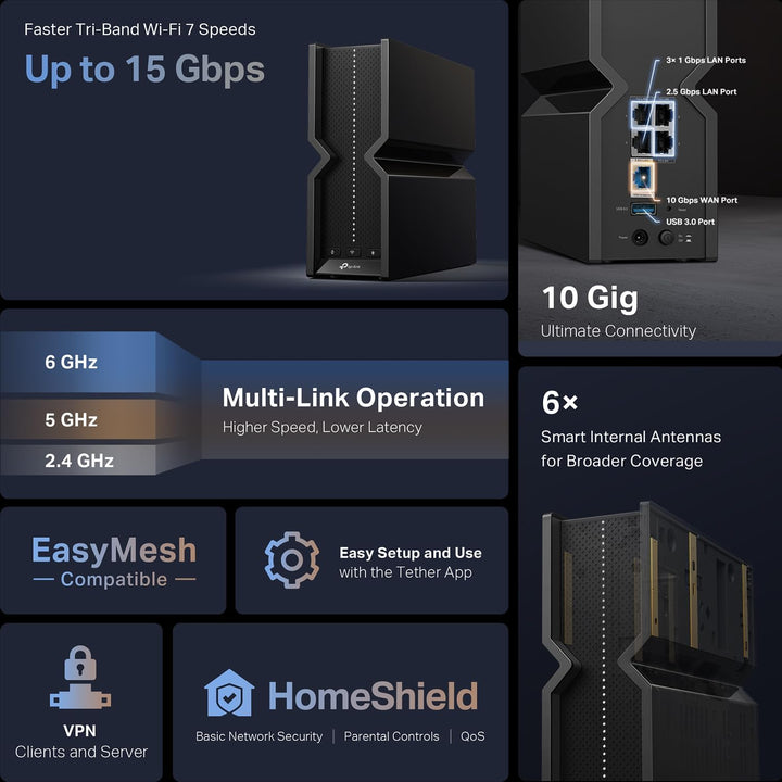 TP-Link | Archer BE15000 Tri-Band Wi-Fi 7 Router | BE15000