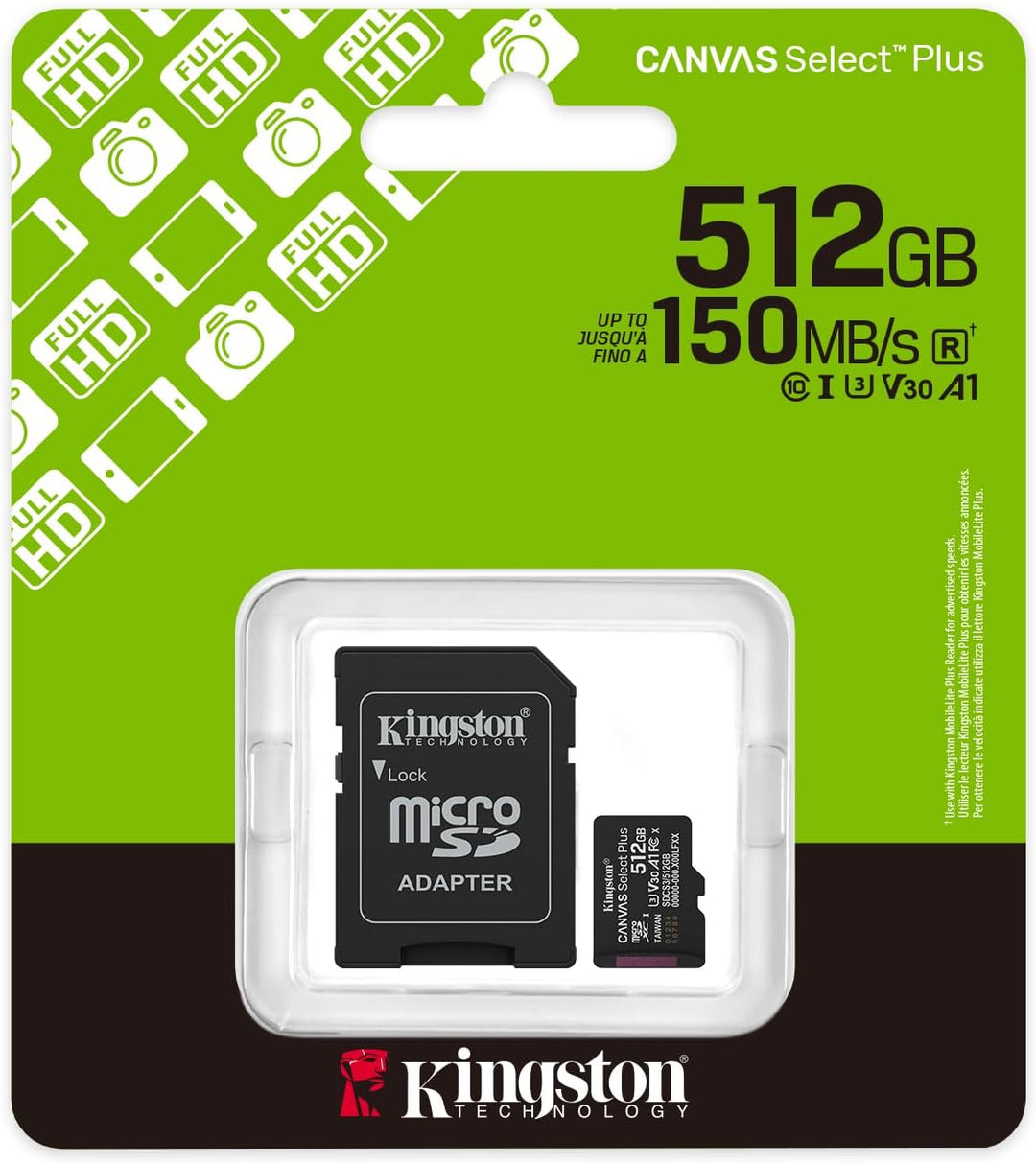 Kingston | MicroSDXC Canvas Select Plus Gen 3 512GB + Adapter 150 MB/s | SDCS3/512GB