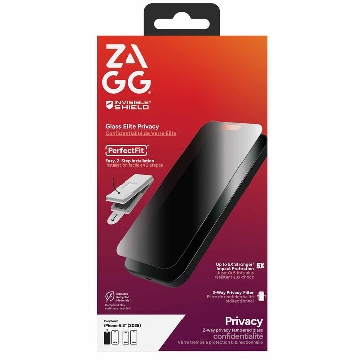 ZAGG | InvisibleShield Glass Elite iPhone 17 /17 Pro /16 Pro Screen Protector 2-Way Privacy  | 200118655