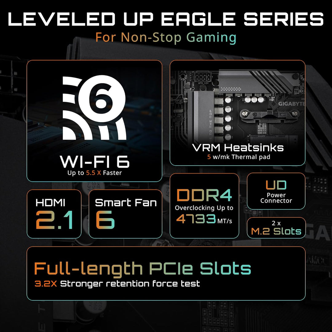 Gigabyte | B550 Eagle WIFI6 Motherboard 1xPCIe 4.0 + 1xPCIe 3.0 M.2, 1GbE LAN, WiFi 6, USB 3.2 Gen 2 | B550 EAGLE WIFI6