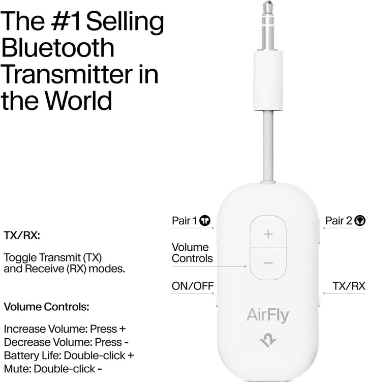 Twelve South | AirFly Pro 2 Bluetooth Adapter for Airplane Pair 2 AirPods or Wireless Headphones - White | TS-12-2411