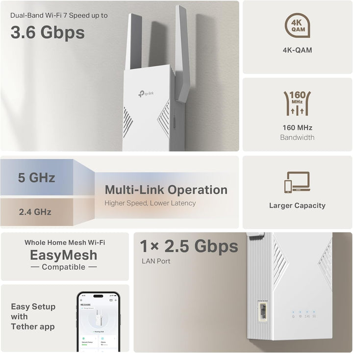 TP-Link | WiFi 7 Range Extender (RE235BE), Dual Band Signal Booster for Home, up to 3.6 Gbps | RE235BE