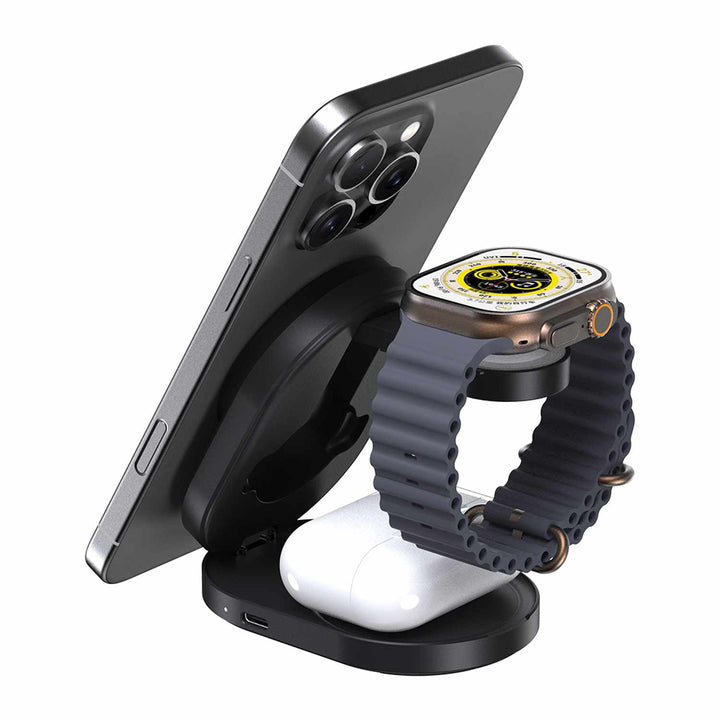 Blu Element | Qi2 3-in-1 Foldable Wireless Charging Stand 15W MagSafe-Compatible - Black | BEWCQi23IN1F PROMO ENDS JAN 3