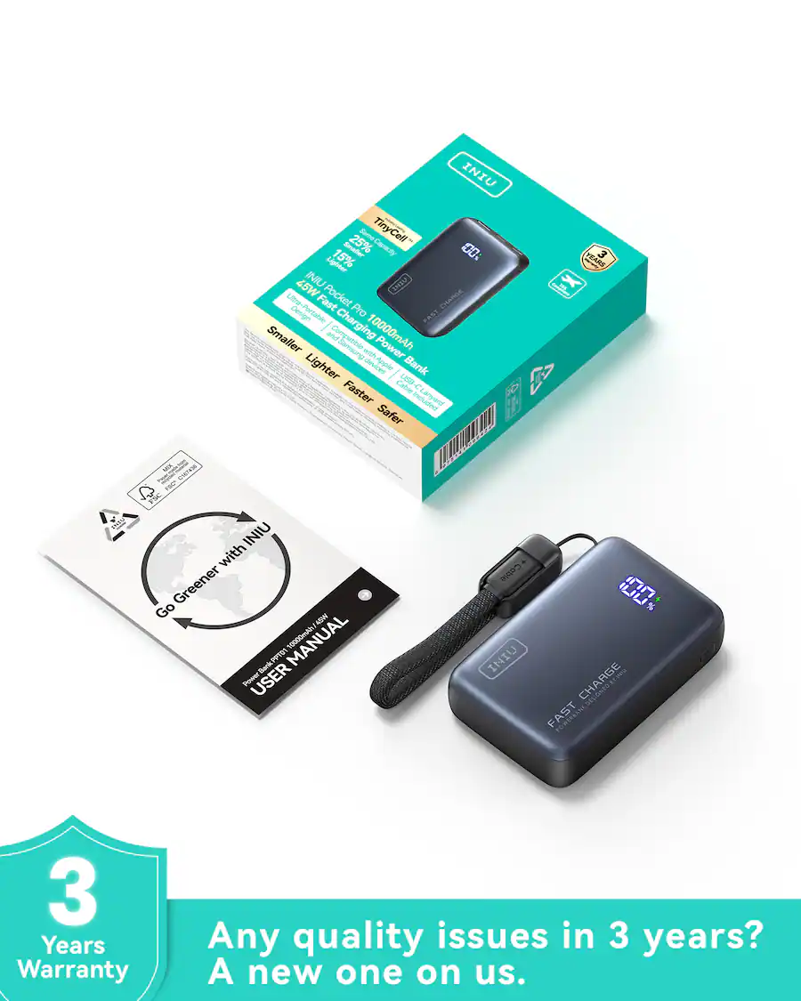 INIU | Pocket Pro Power Bank with LED Display (10,000mAh) - Black | PPT01