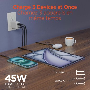 HyperGear | Wall Charger Travel Hub 45W Tri-Port Dual USB-C + Single USB-A - White | 16238HIT