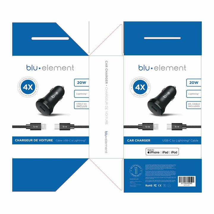 Blu Element | Car Charger USB-C Power Delivery 20W and USB-A QC 3.0 with USB-C to Lightning 4ft Cable Black | 110-3471