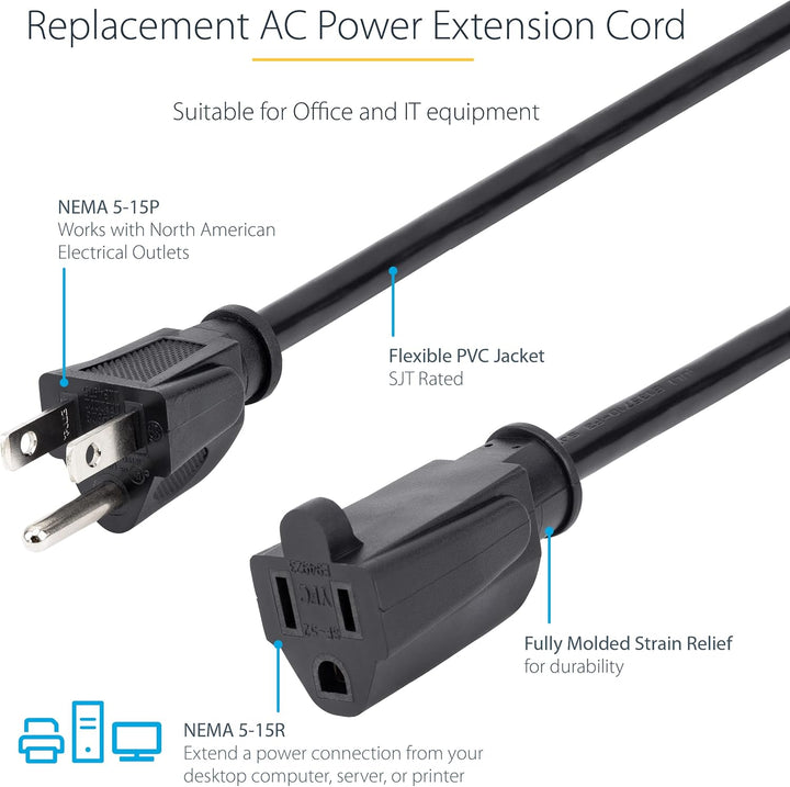 StarTech | Power Extension Cord NEMA 5-15R to NEMA 5-15P Extension Cord 25ft  / 7.6m - Black | PAC10125