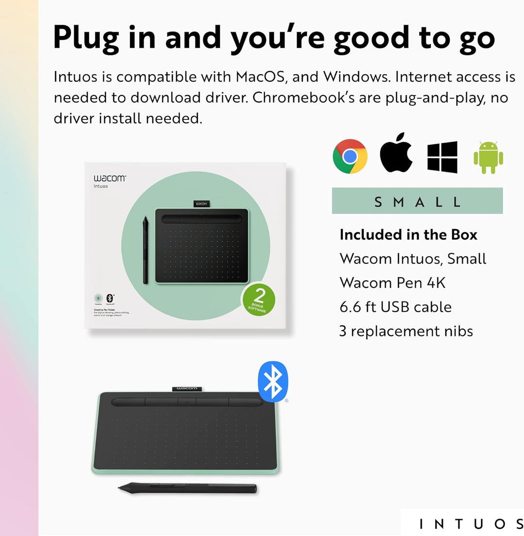 WACOM | Intuos Small Bluetooth Graphics Drawing Tablet, Portable for Teachers, Students and Creators, 4 Customizable ExpressKeys, Compatible with Chromebook Mac OS Android and Windows - Pistachio | CTL4100WLAE0