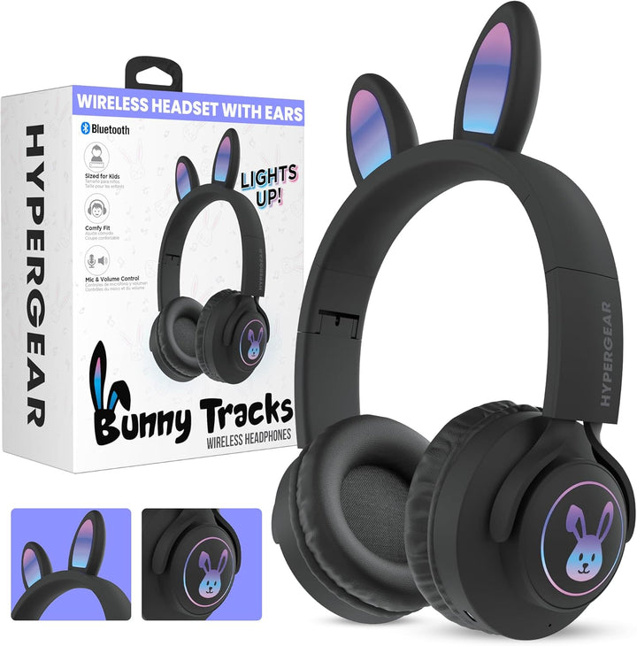HyperGear | Headphones Bluetooth Bunny Tracks Built in Mic Soft Memory Foam Ear Cushions Foldable Design 10hr Play Time – Black | CUST-DTIPADMINI3-RYL