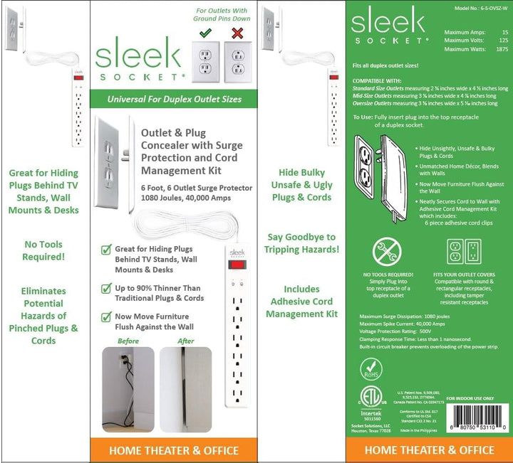 Sleek | Socket Ultra-Thin Outlet Cover with Surge Protector 6 Outlet 6 ft | 6SOVSZW