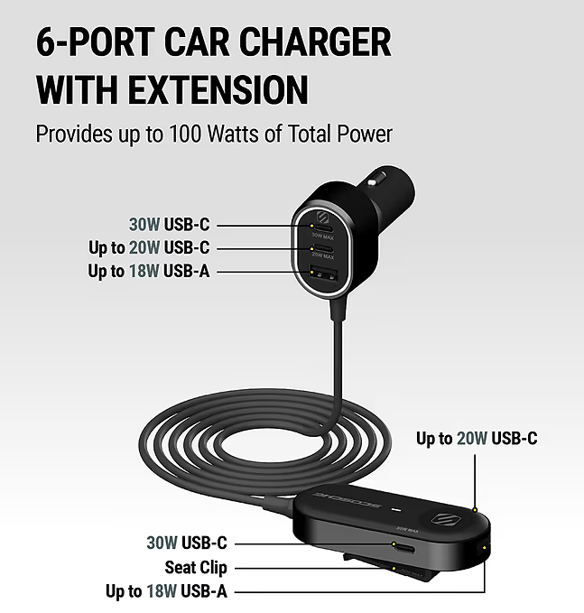 Scosche | Dual Hub Car Charger 100w - Black | SC-CPD100EX-SP