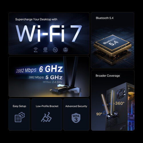 TP-Link | Tri-Band Wi-Fi 7 Bluetooth PCI Express Adapter SPEED: 2880 Mbps at 6 GHz | TBE400E