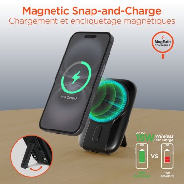 HyperGear | Grip Go Wireless Charging Portable Power Bank  5000mAh Mag w/built in Cable - Black LP | 16251
