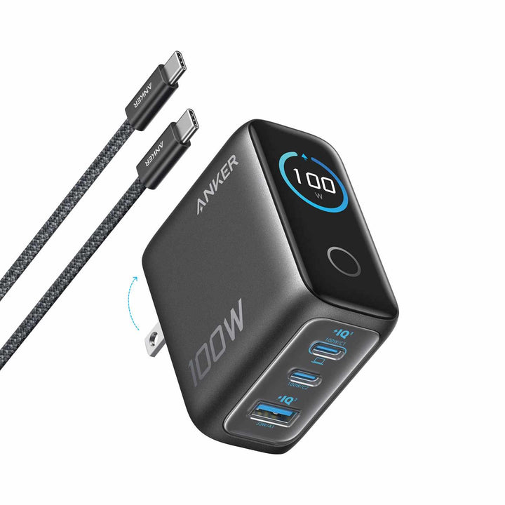 Anker | Wall Charger with Smart Display 3-Port PD GaN USB-C/USB-A 100W - Black | B121BJZ15