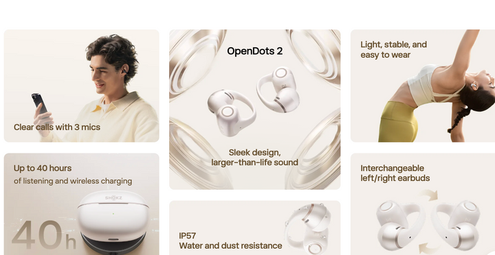 Shokz | OpenDots 2 Open-Ear True Wireless Earbuds - Black | E320-ST-BK-CA-326