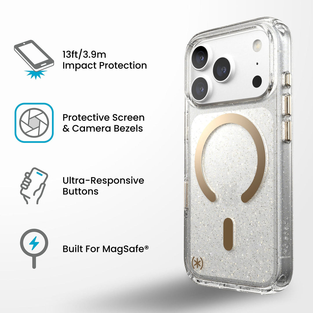 Speck | Presidio Lux + C-Magsafe  iPhone 18 Pro / 17 Pro with Camera Control  - Gold Glitter | 151106-9221