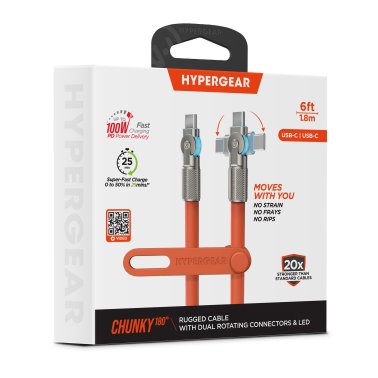 HyperGear | Rugged Cable w/Rotating Connectors USB-C to USB-C Chunky 180 6FT 180cm 100W - Orange | 16232