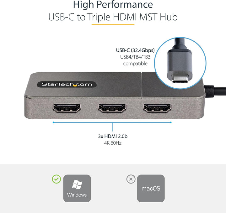 StarTech | USB-C to Triple HDMI MST Hub for 3x 4K 60Hz Displays - Space Gray | MST14CD123HD