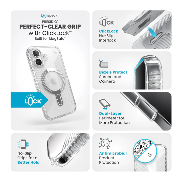 Speck | Presidio Perfect-Clear Grip MagSafe with ClickLock Apple iPhone 16 - Clear/Chrome | 150692-3199