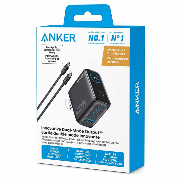 Anker | Wall Charger with Smart Display 3-Port PD GaN USB-C/USB-A 100W - Black | B121BJZ15
