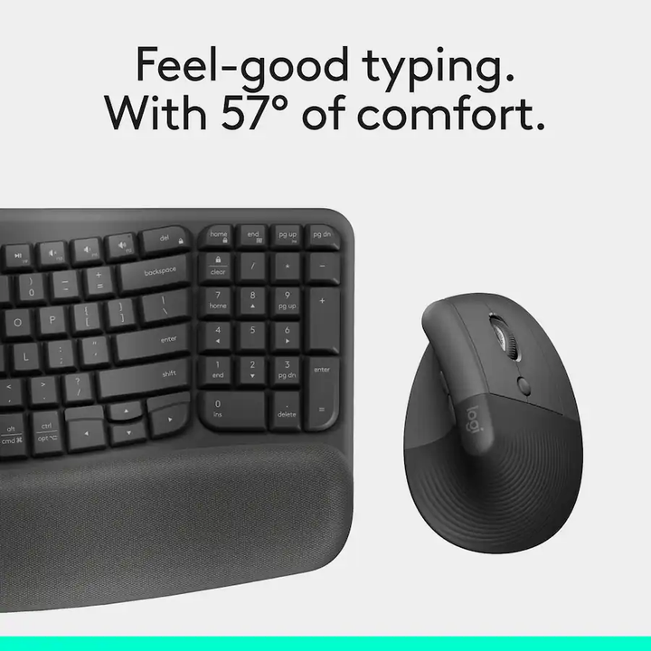 Logitech | Wave Keys and Lift Vertical Mouse Wireless Ergonomic Keyboard and Mouse Bundle with Cushioned Palm Rest - Graphite | 920-013610